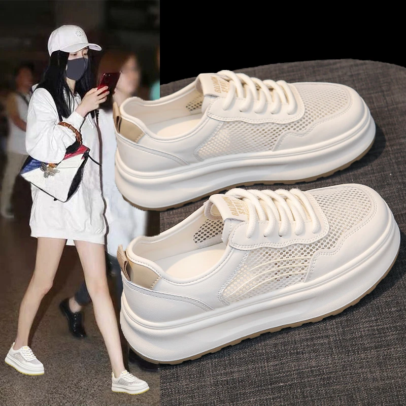 4.5cm小白鞋女鞋2025新款夏季网面透气镂空学生爆款凉鞋女板鞋子