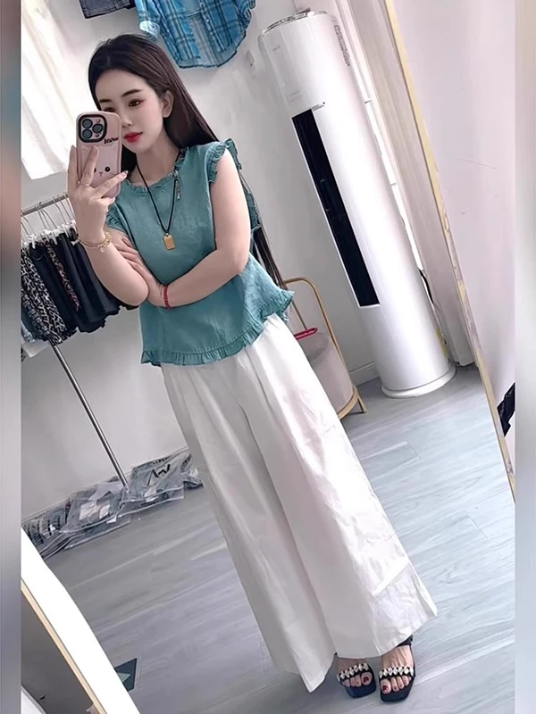 高品质夏日绝美洋气显瘦孔雀蓝时尚休闲减龄无袖上衣