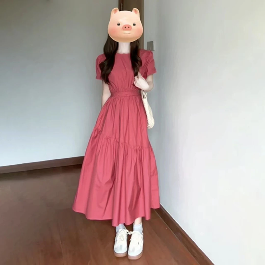 法式复古漏腰茶歇连衣裙收腰泡泡袖粉色气质裙子女1336-2