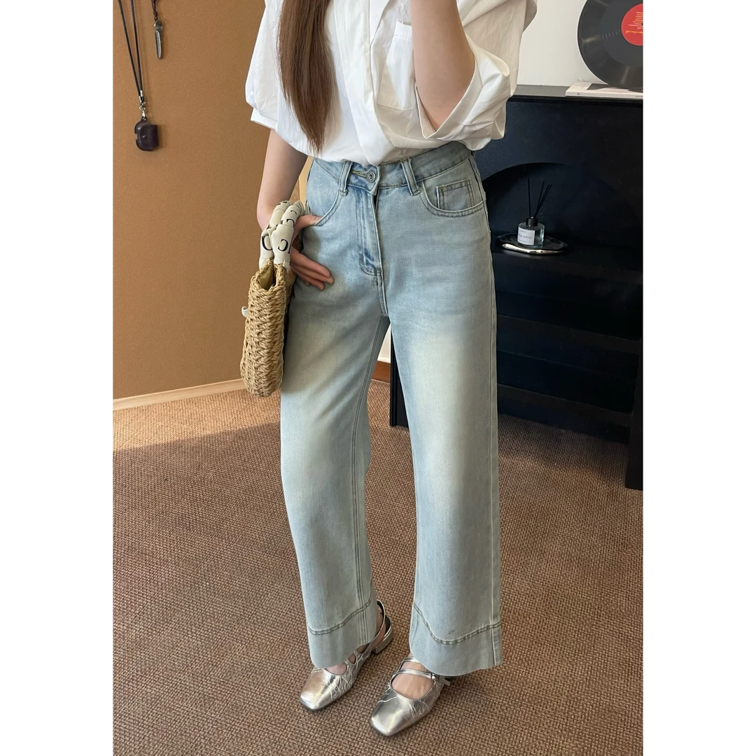 法棍直筒牛仔裤女九分2025年新款大码梨形身材窄版浅色显瘦小个子