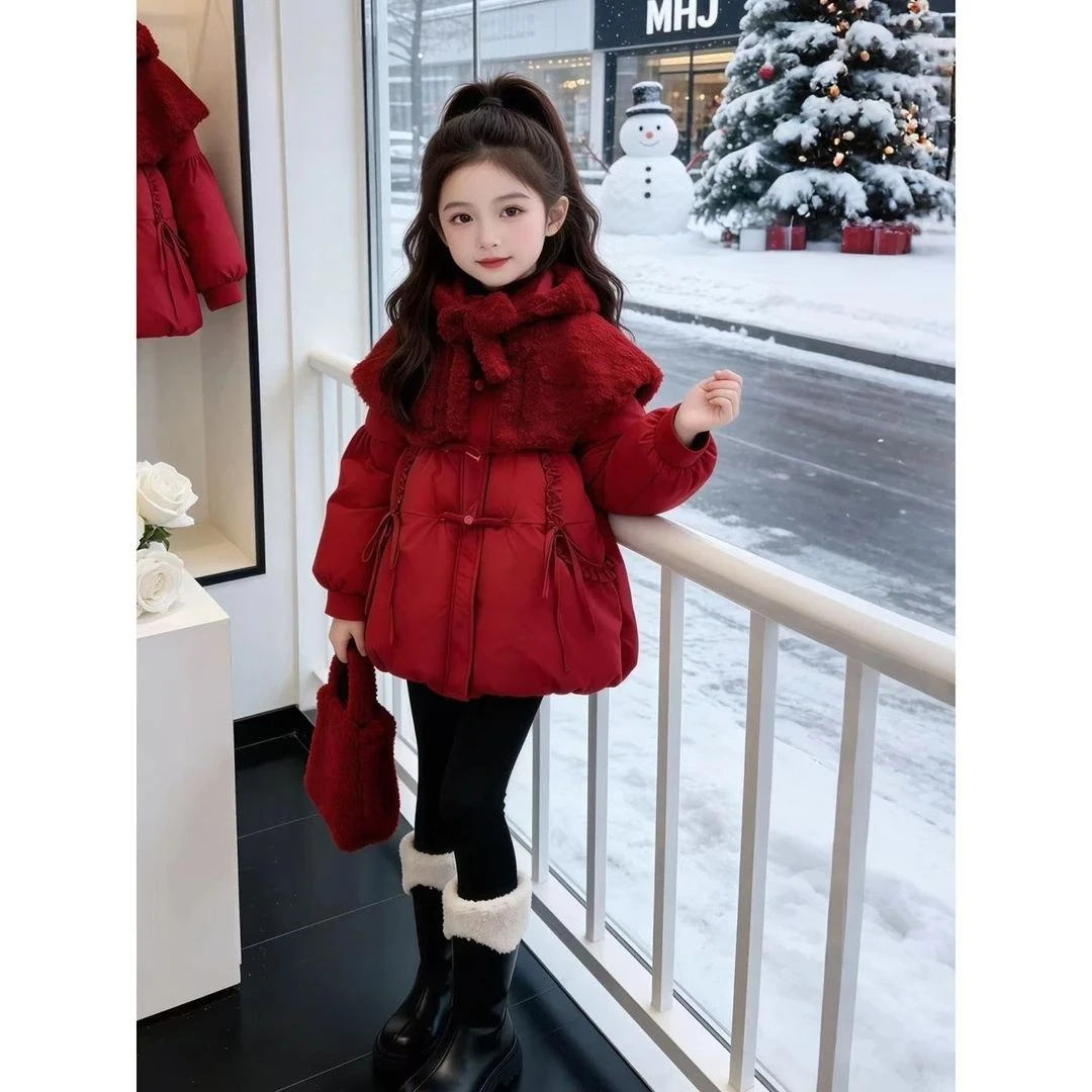 女童红色新年棉服2025新款中大童加厚连帽棉袄冬季国风保暖外套
