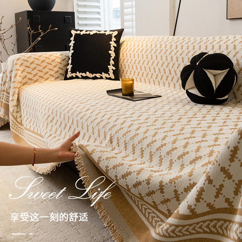 (糖葫芦)如野雪尼尔四季通用防猫抓沙发盖布皮沙发套罩全包简约