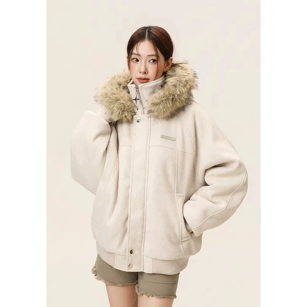 男女同款冬装座山雕毛领连帽棉服外套毛呢加厚保暖情侣装高级棉衣