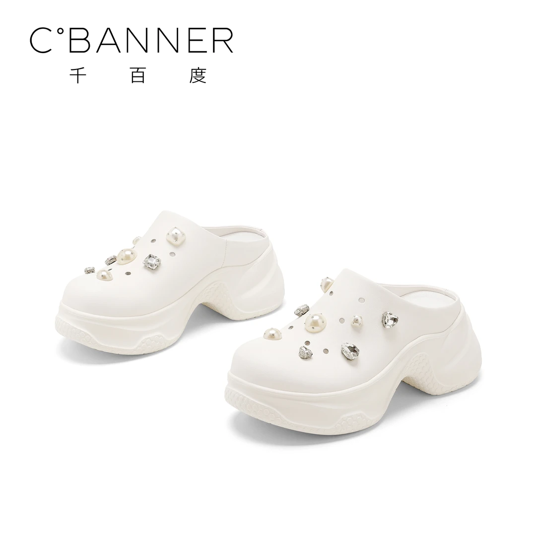 C.BANNER/千百度镂空增高包头时尚拖鞋2025夏季新款厚底洞洞拖鞋