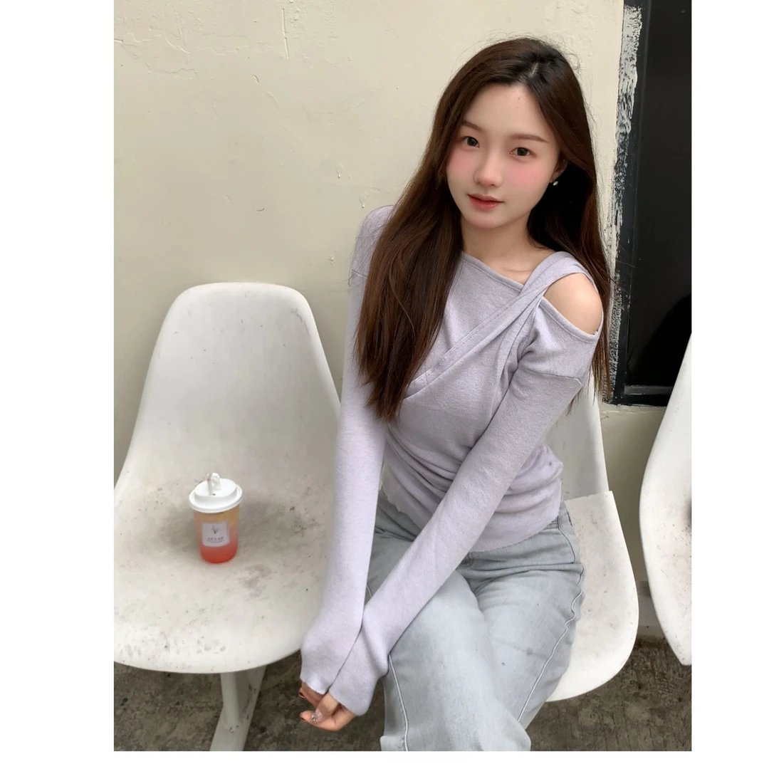 【壹点点甜】早春设计感假两件露肩长袖收腰褶皱内搭别致韩系上衣