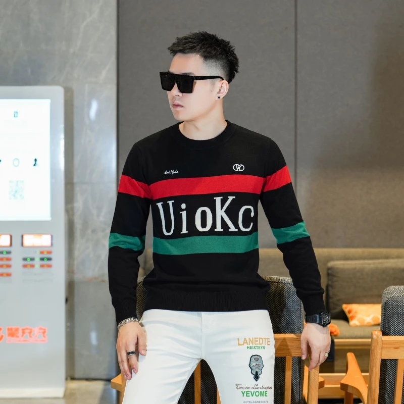 2025秋冬季休闲时尚网红重工提花修身打底针织衫半高领毛衣男潮