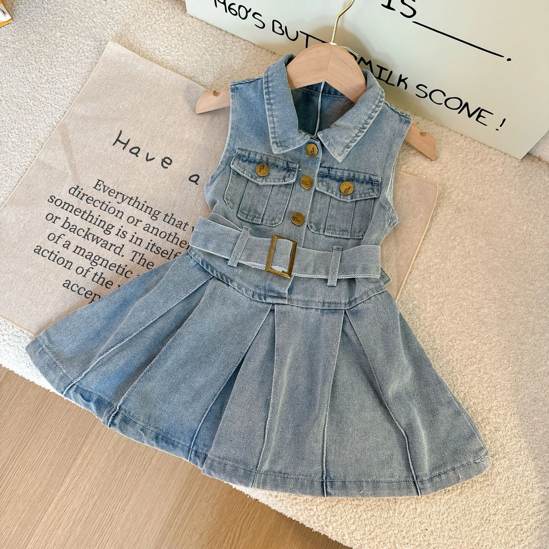 牛仔裙衬裙百褶裙时尚洋气春夏季女孩背带裙牛仔裙无袖小童5X001