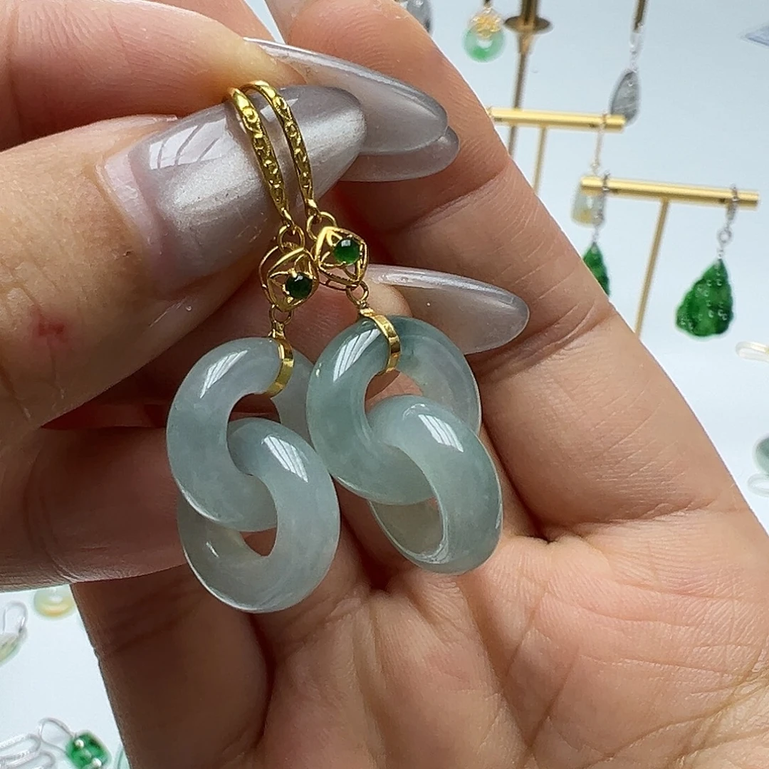 用***0翡翠18K金镶嵌耳饰天然缅甸A货翡翠