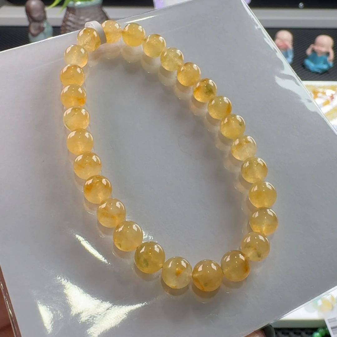 翡翠手链未镶嵌高冰金吉黄飘绿花串卡6.8 金灿灿！大漏！