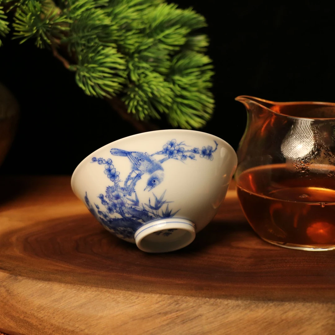 高端手绘青花花鸟薄胎高温陶瓷大号单杯品茗杯茶杯高档主人杯家用