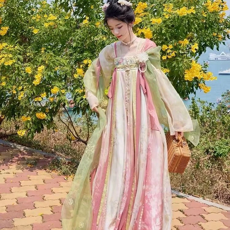 【佩玉春风】刺绣粉色裙子印花对襟衫唐制汉服女套装