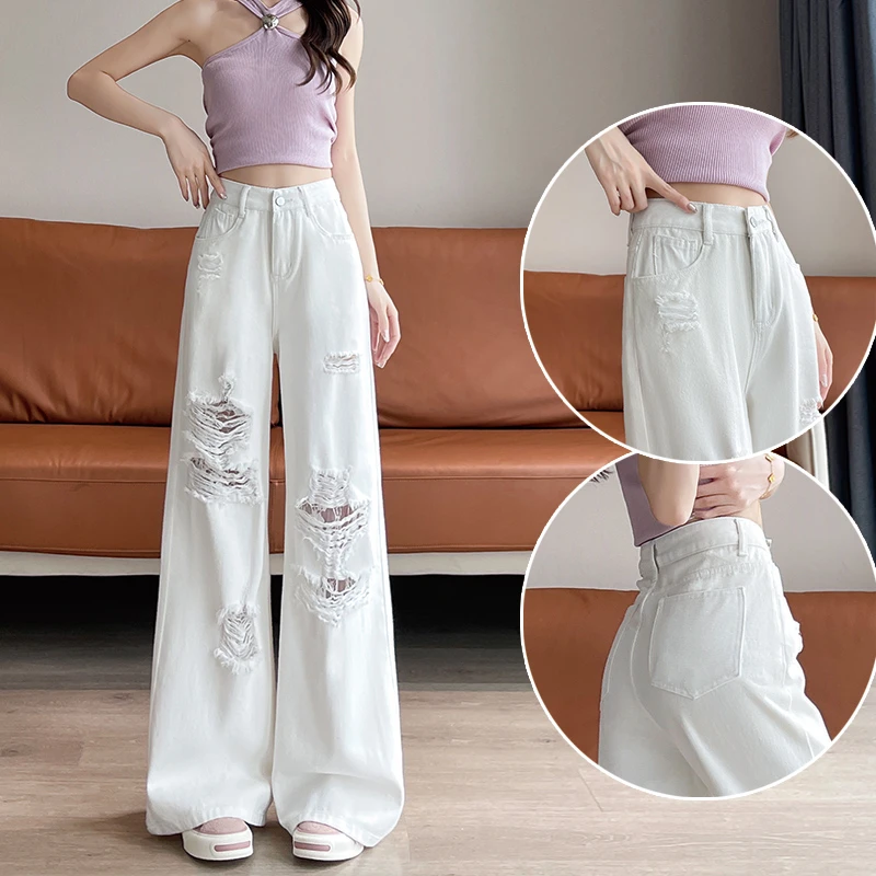 喜绚白色法式蕾丝破洞阔腿牛仔裤女2025夏季薄款高腰宽松乞丐裤子