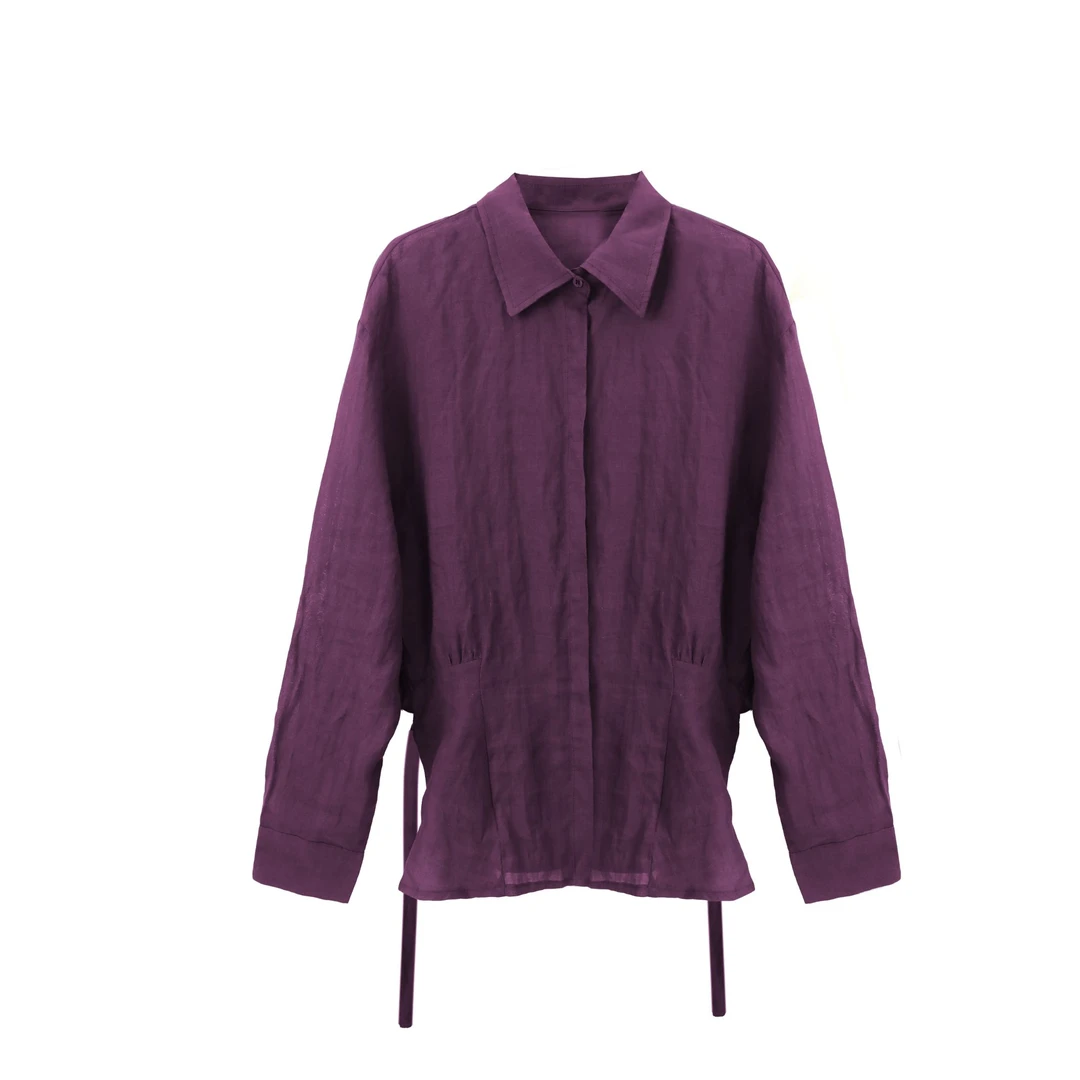 【张七七】新款女苎麻系带短款衬衫收腰显瘦百搭夏季简约纯色上衣