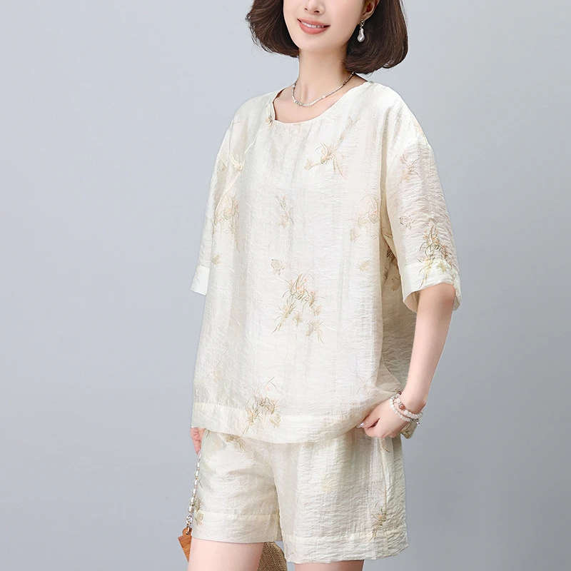 SHXI夏季兰花两件套中国莱赛尔纤维套头短袖短裤圆领2025