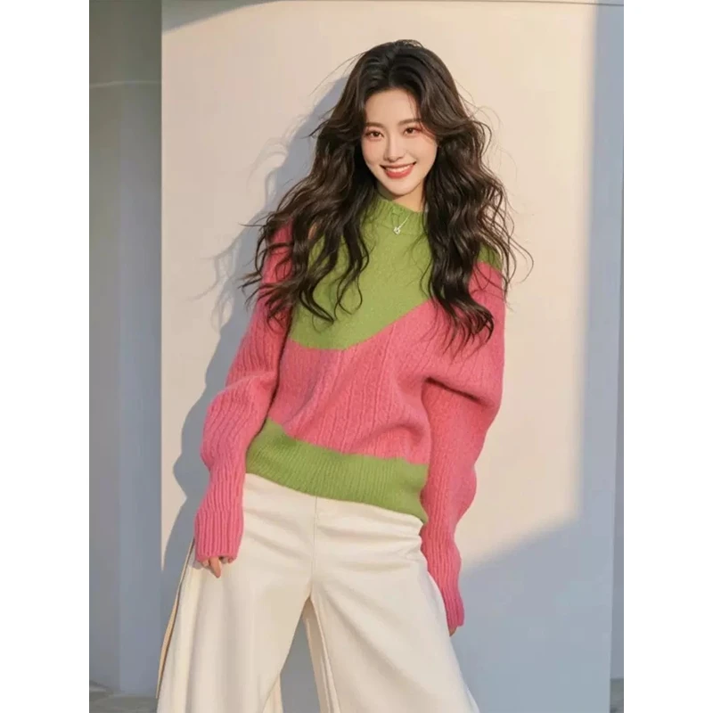 2025新款减龄洋气高级超好看上衣粉绿撞色半高领宽松针织毛衣女春