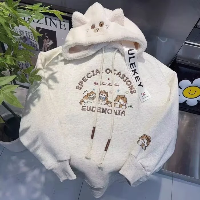 丰硕家 2025加绒保暖减龄刺绣猫咪连帽卫衣