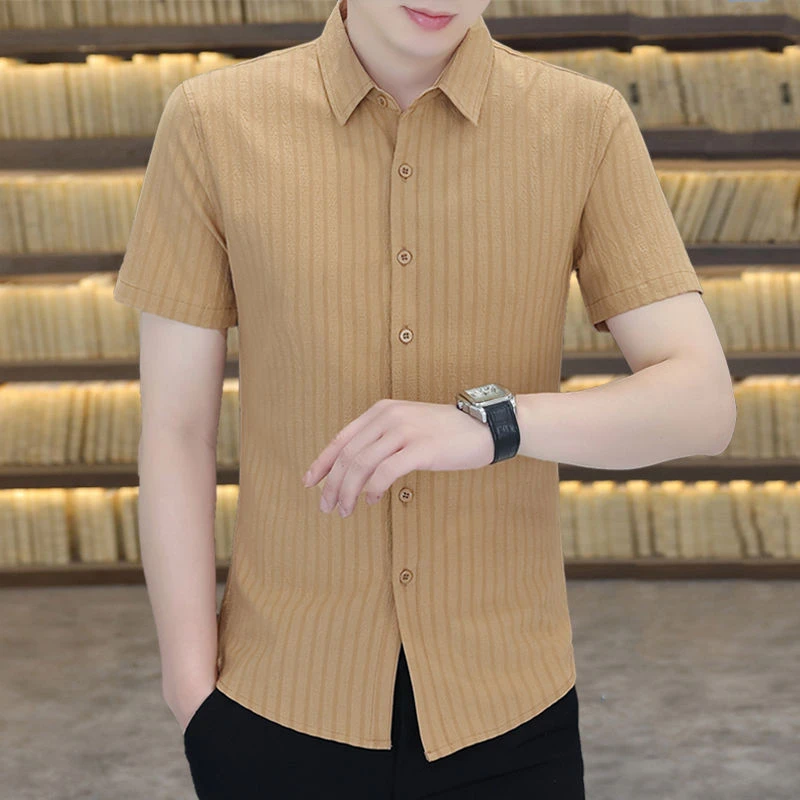 夏季男款短袖衬衫冰丝薄款上衣条纹休闲衬衣半袖修身免烫青年寸衫