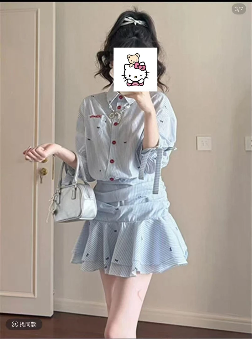学院风蓝色条纹衬衫连衣裙子女初夏季2025年新款法式气质收腰短裙