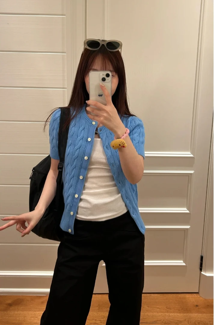 【1】开衫短袖夏季不褪色针织衫毛针织衫百搭马刺绣纯色