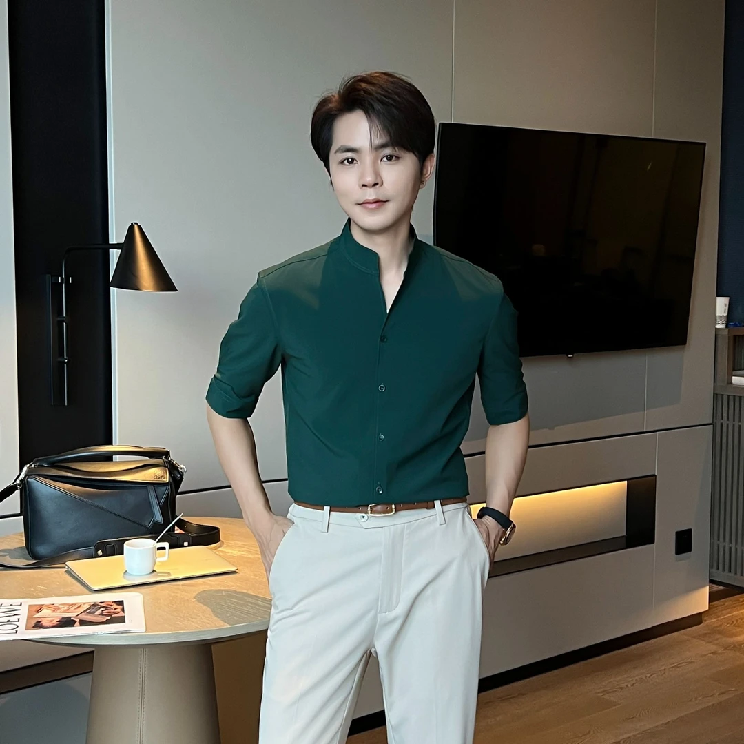 【润哥】第八代抗皱轻薄无领V领衬衫 凉感中袖衬衣 6513