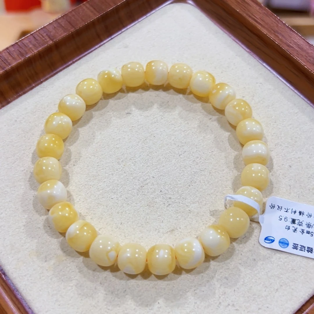 光***阴未镶嵌蜜蜡手链8.5m金瓷白手串
