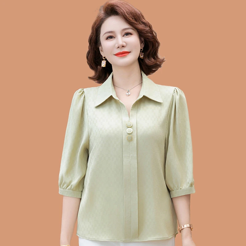 皮尔卡丹妈妈夏装七分袖雪纺衬衫上衣洋气时尚中老年女装夏季薄款