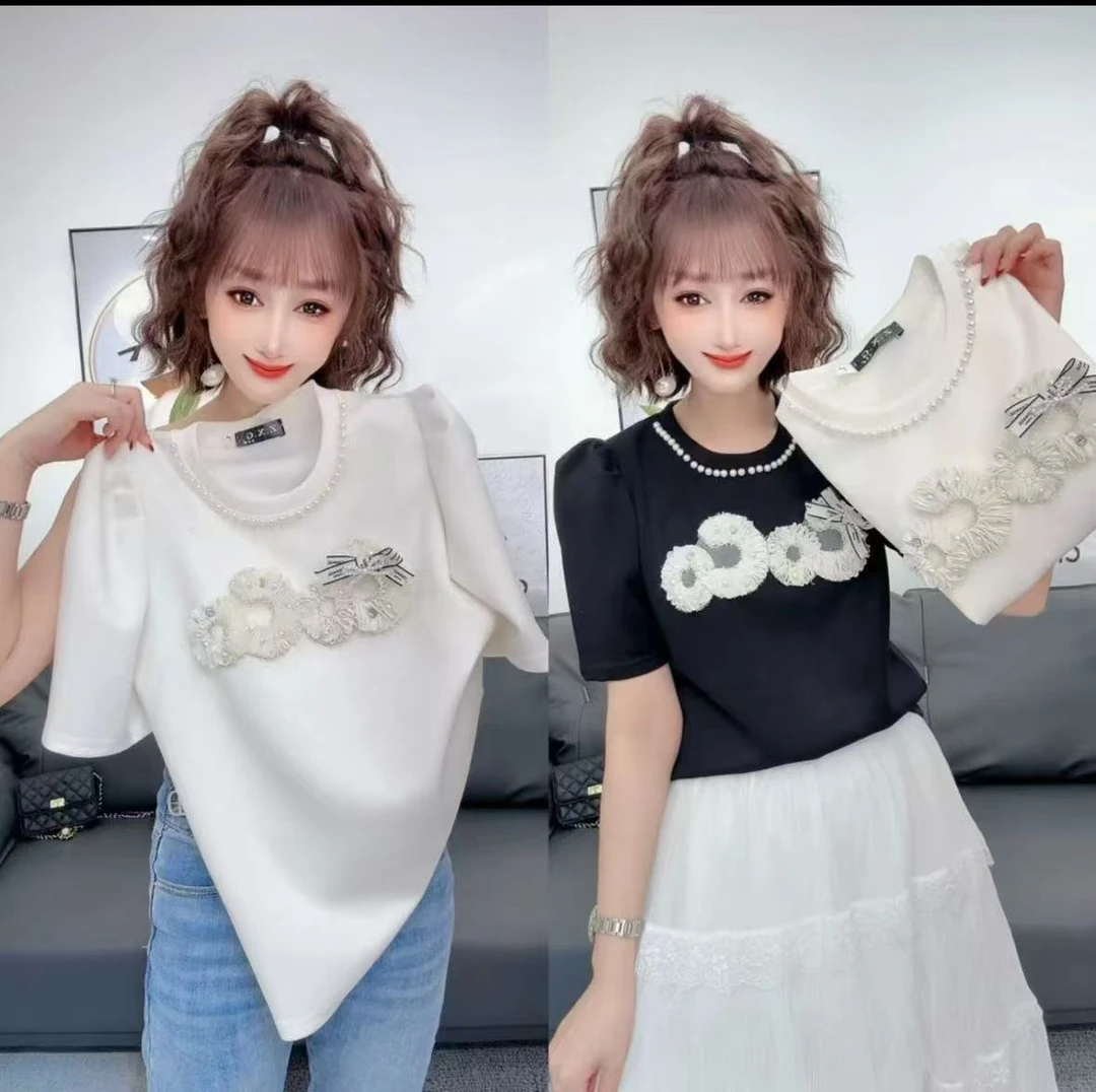 欧洲站2025春夏新款减龄甜美显瘦潮法式圆领短袖立体花朵字母T恤