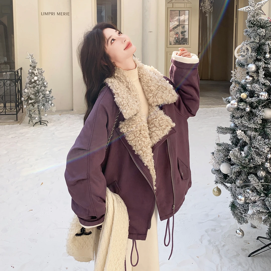 紫色宽松毛绒翻领工装派克服女2025冬季新款羽绒内衬休闲甜酷外套