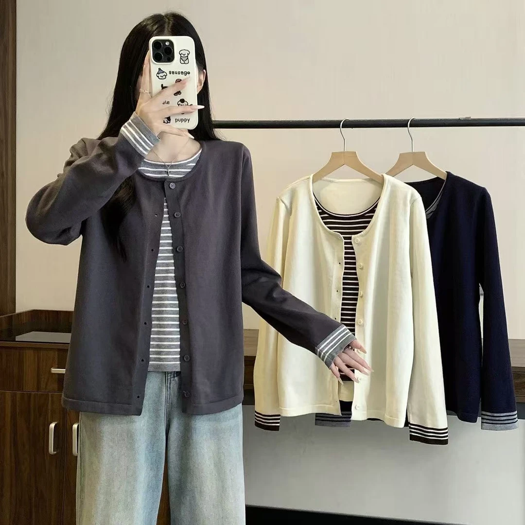 70180#25秋冬季新款大码假两件设计针织衫开衫上衣