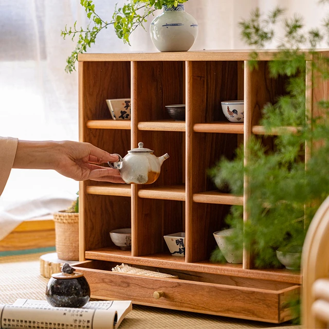 掬涵樱桃木茶具实木杯架日式茶架格子多宝格阁展示柜桌面收纳置物