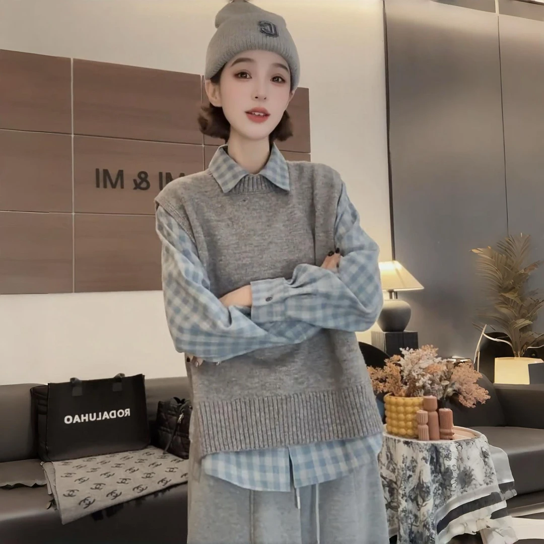 冬季一整套穿搭高级感韩系慵懒风时尚减龄针织背心格子衬衫两件套