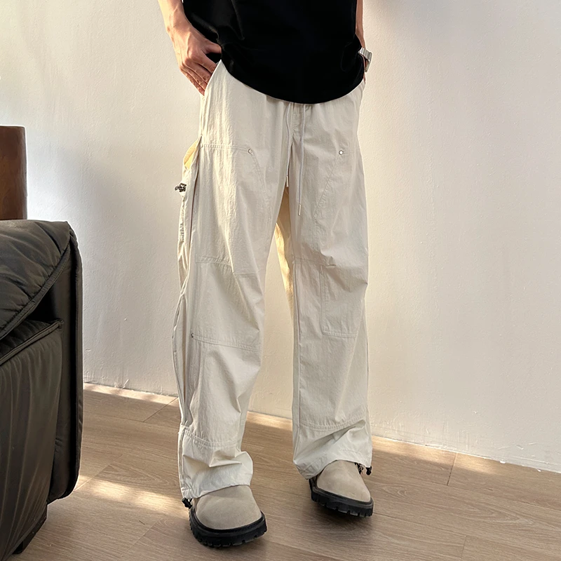 线条拼接百搭轻奢风设计宽松帅气长裤夏季时尚个性男士系绳休闲裤