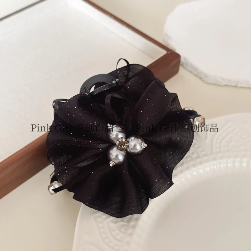 Pink Girl  F111气质优雅黑色花朵抓夹13cm后脑勺盘发夹百搭通勤