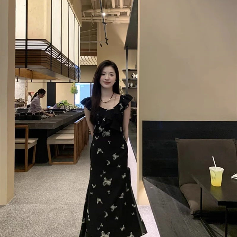 【双层＋内里】小飞袖黑色蝴蝶吊带连衣裙女夏法式气质绝美收腰长
