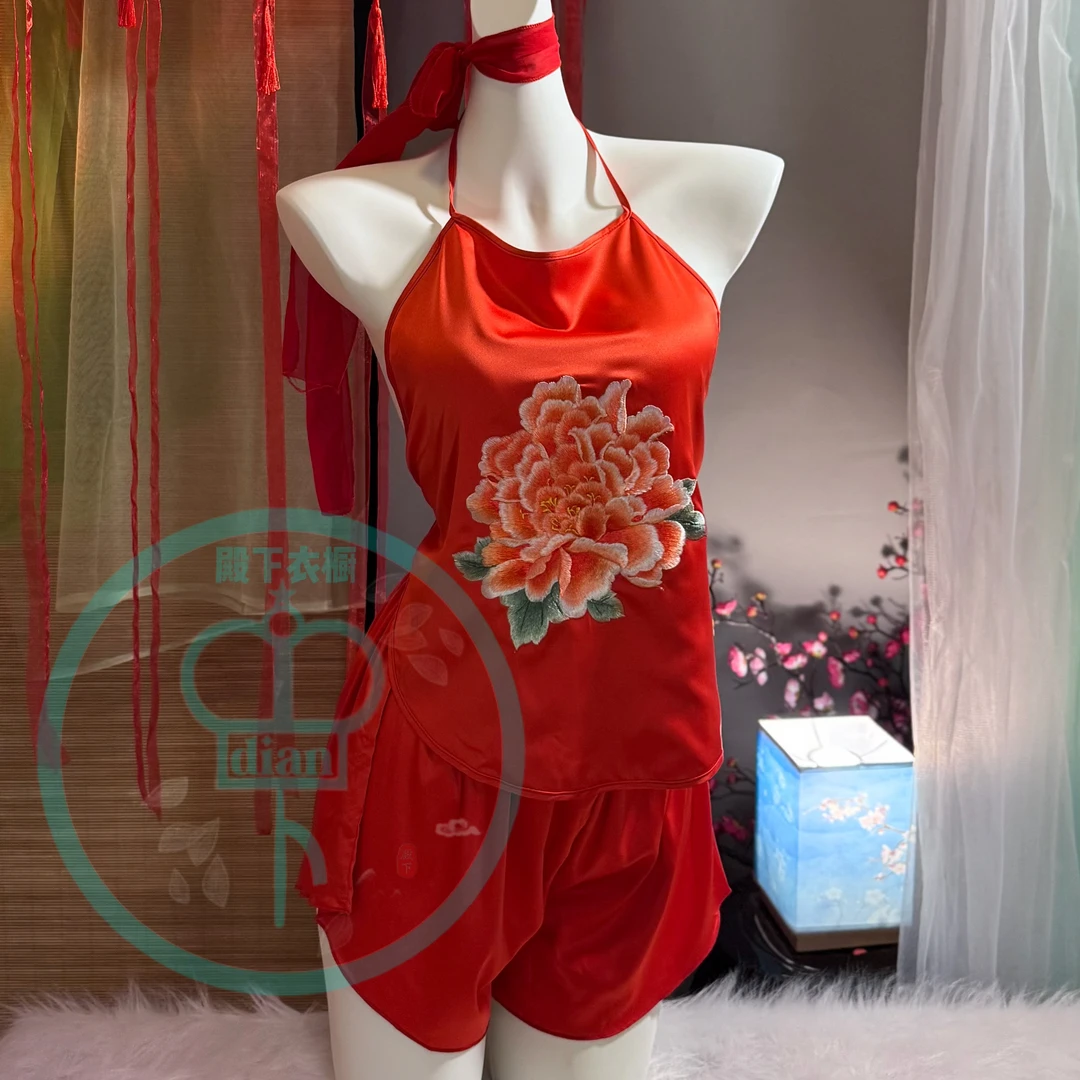 红色牡丹苏绣刺绣成品女成人肚兜复古中国风内衣女士吊带肚兜套装