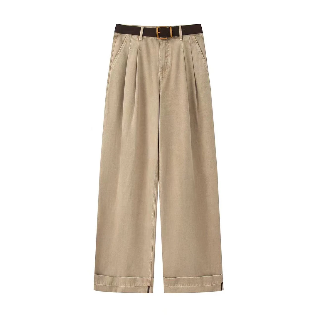 艾家同款2025秋季高腰宽松卷边阔腿裤子休闲大甩直筒牛仔裤323028