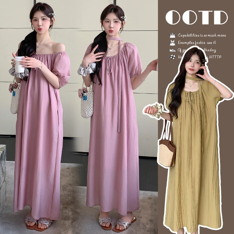 孕妇连衣裙2025夏季时尚韩系遮肚显瘦气质甜美简长款连衣裙送飘带