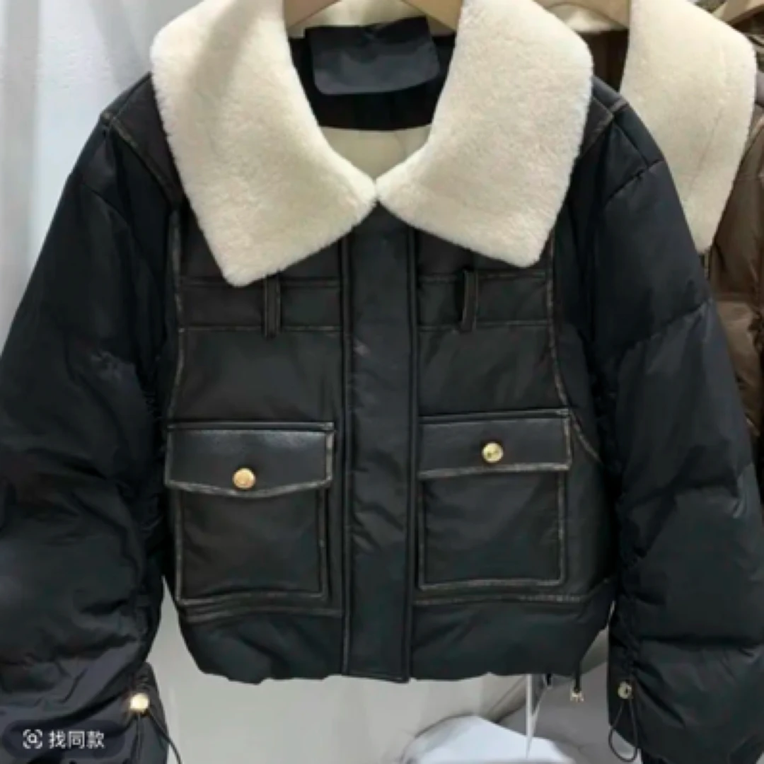 2388短款棉衣拼接加厚休闲百搭黑色翻领