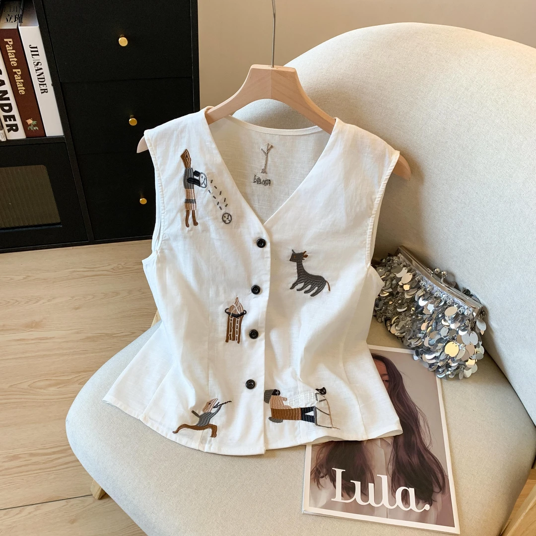 高级感刺绣亚麻马甲背心女夏新款法式复古老钱风百搭苎麻无袖上衣