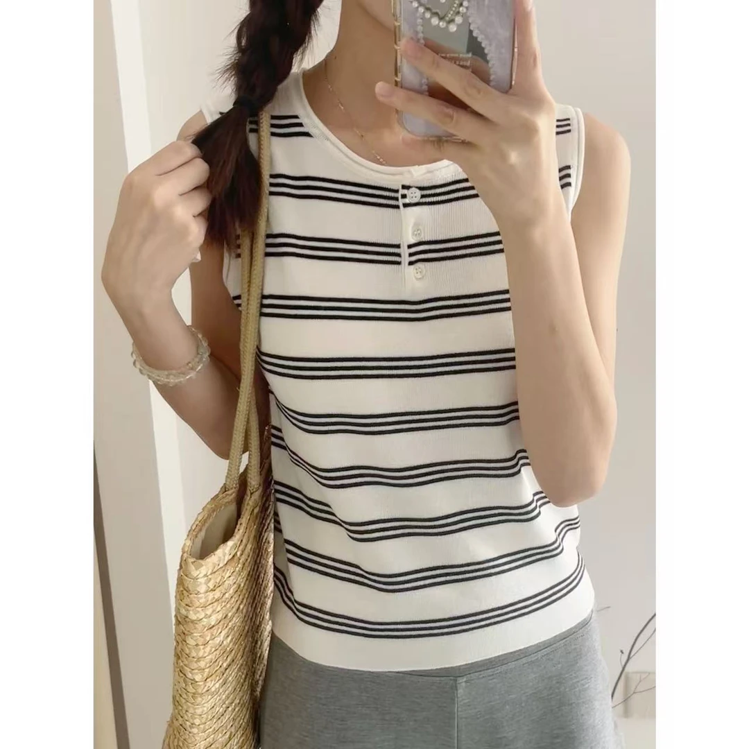 WANZI-1条纹短款正肩背心女吊带百搭上衣圆领小众夏季新款