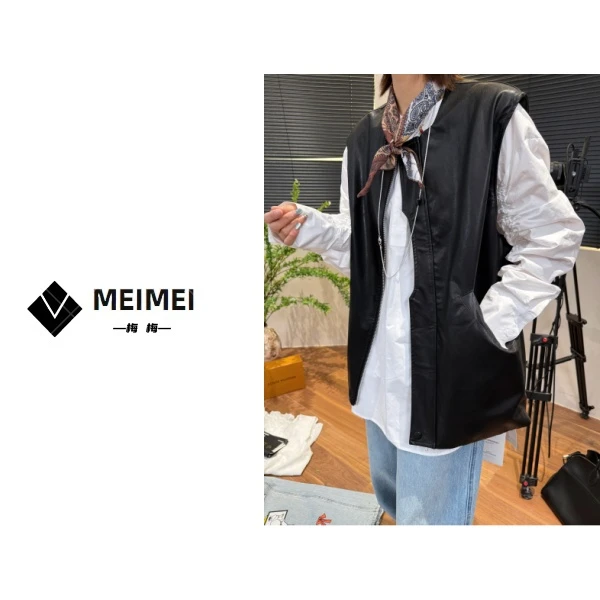 XMM.【垫肩皮马甲】时尚百搭潮流纯色黑色马夹春夏小众日系休闲8178