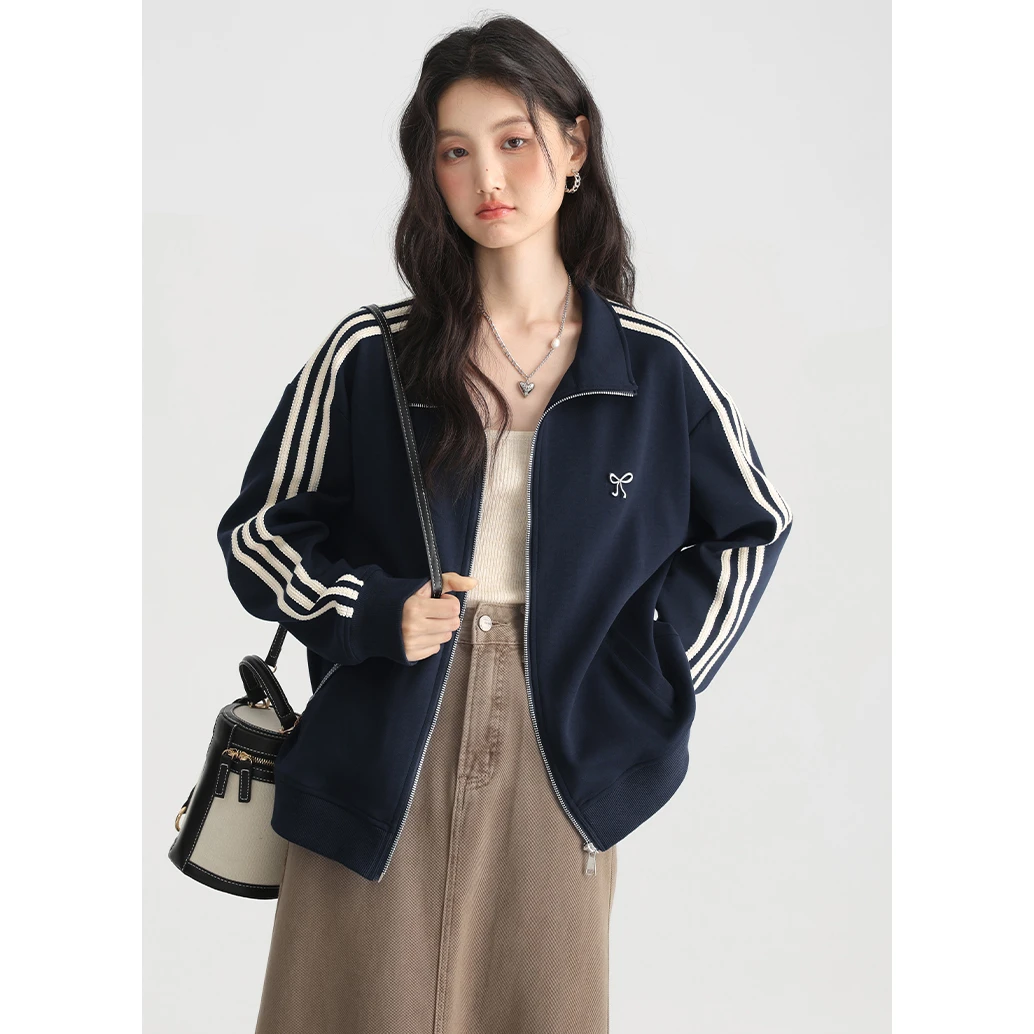 三条杠卫衣女立领外套2025秋季新款长袖开衫宽松百搭拉链上衣薄款