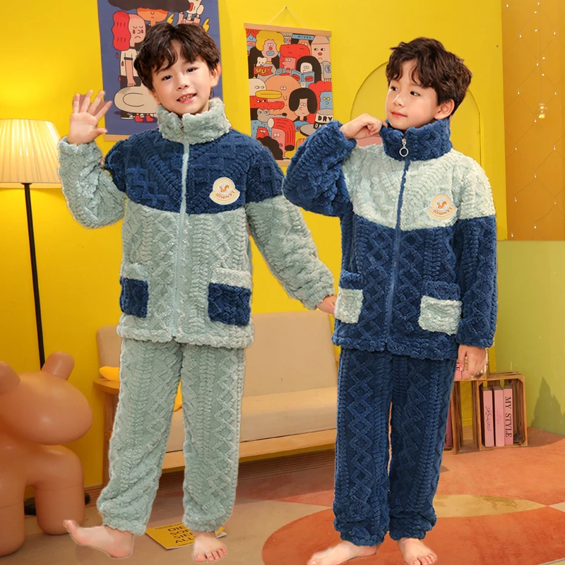 儿童秋冬珊瑚绒睡衣立领防风男女童法兰绒加厚保暖睡衣拉链家居服