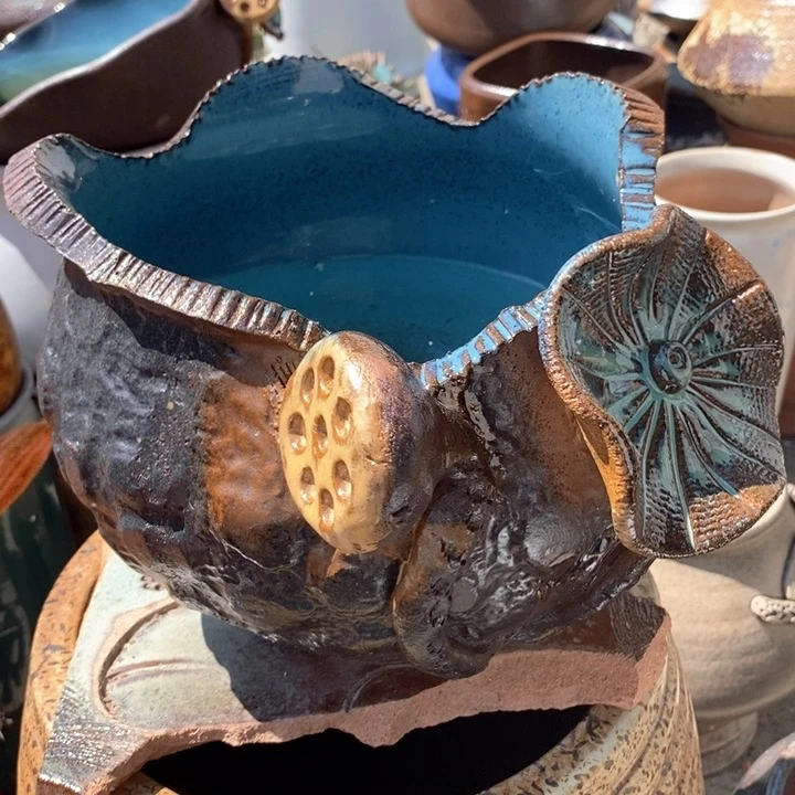 紫砂花盆高18口18手工无孔