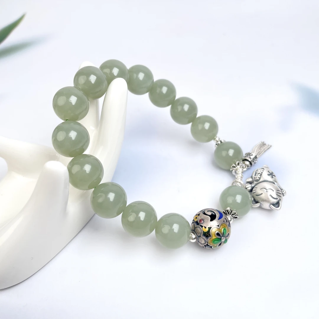 菲菲珠宝好*40506 S925和田玉单圈圆珠约12mm手串