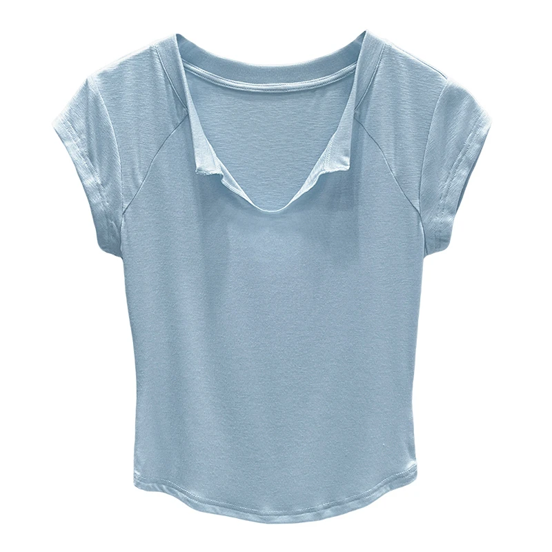 蓝色V领减龄短袖t恤女2025新款爆款气质翻领修身薄款气质百搭上衣