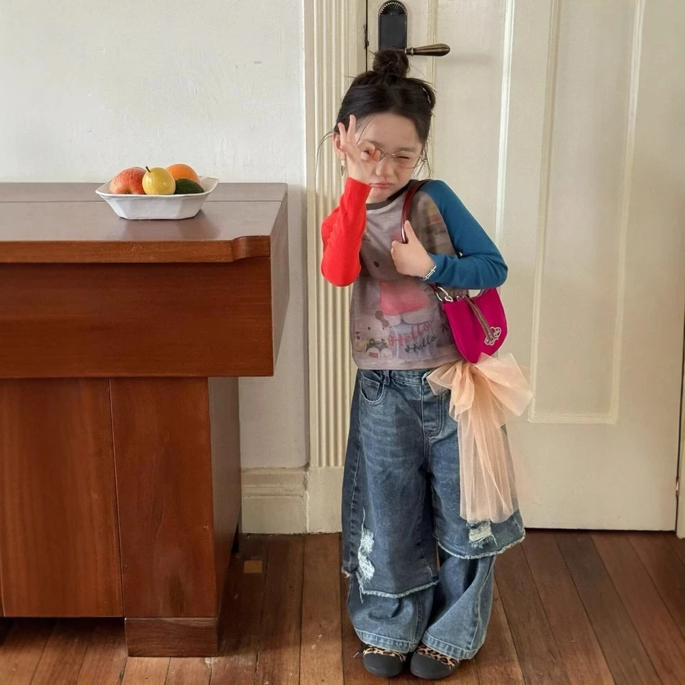 女童破洞牛仔裤秋季2025新款洋气中小童宽松直筒裤阔腿裤儿童裤子