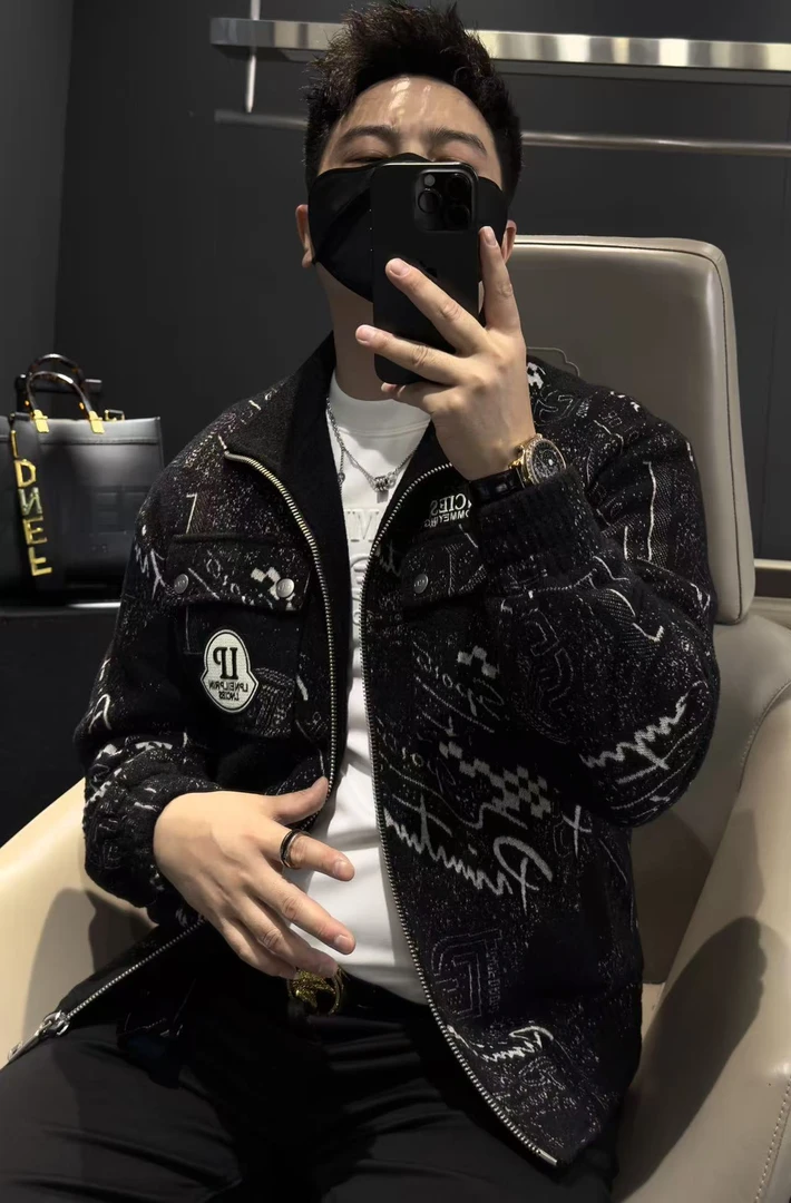 【马哥严选】秋季男士长袖羊毛夹克时尚翻领休闲字母翻领夹棉外套