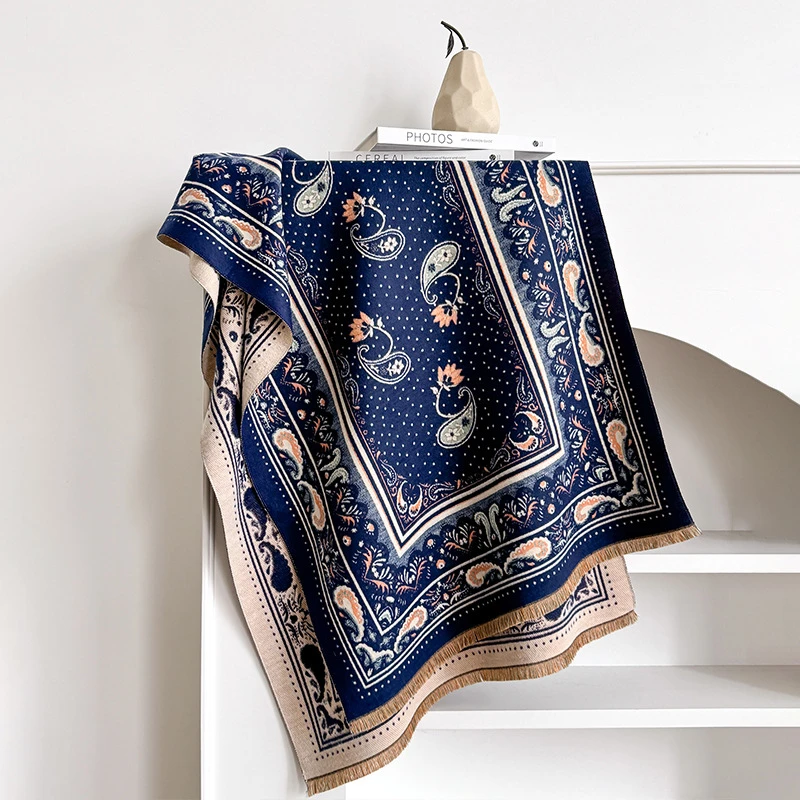 秋季新款外搭仿羊绒民族风腰果花提花双面保暖百搭围巾送给女朋友