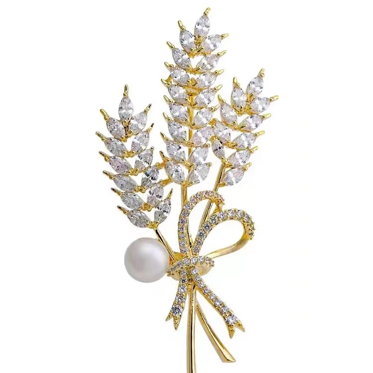 铜合金合成锆石胸针 HY1531珠珠白锆麦穗胸针
